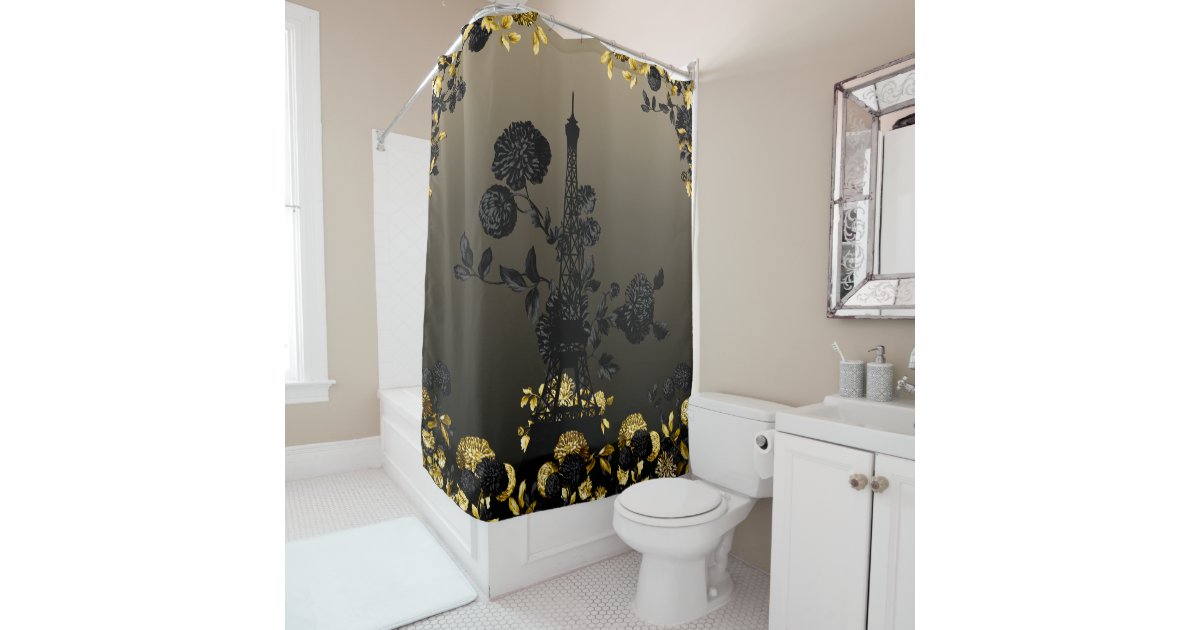 Black Gold Dramatic Floral Eiffel Tower Shower Curtain Zazzle Com