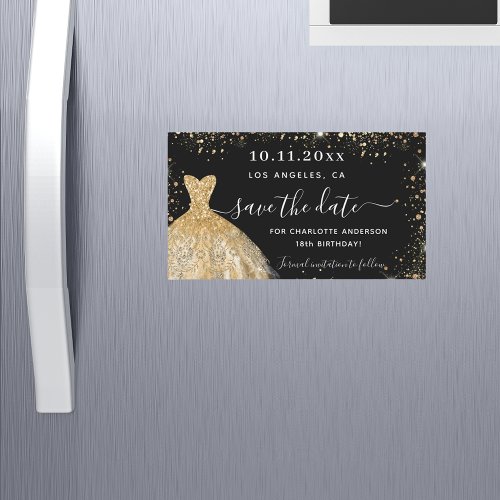 Black gold dress birthday save the date magnet