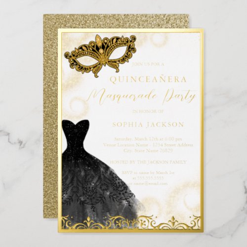 Black Gold Dress Masquerade Party Quinceanera  Foil Invitation