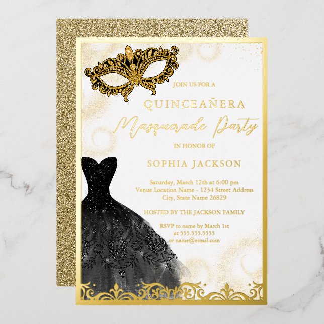 Black Gold Dress Masquerade Party Quinceanera  Foil Invitation (Front/Back)