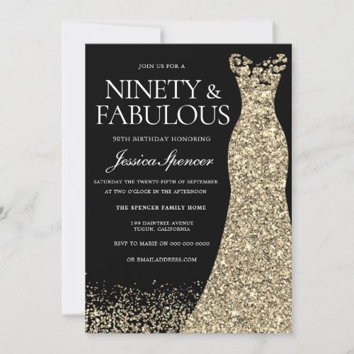 Black Gold Dress Ninety  Fabulous 90th Birthday Invitation