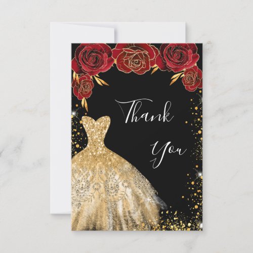 Black gold dress red florals glitter birthday thank you card