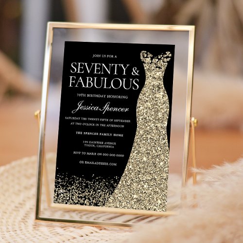 Black Gold Dress Seventy  Fabulous 70th Birthday Invitation