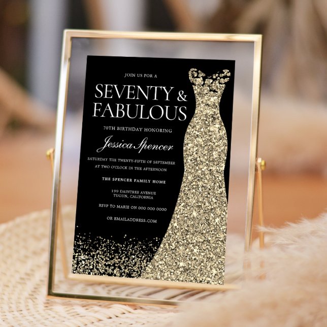 Black Gold Dress Seventy & Fabulous 70th Birthday Invitation