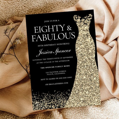 Black Gold Dress Seventy  Fabulous 80th Birthday Invitation
