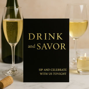 Black & Gold Drink & Savor Wedding Bar Sign Foil Holiday Card