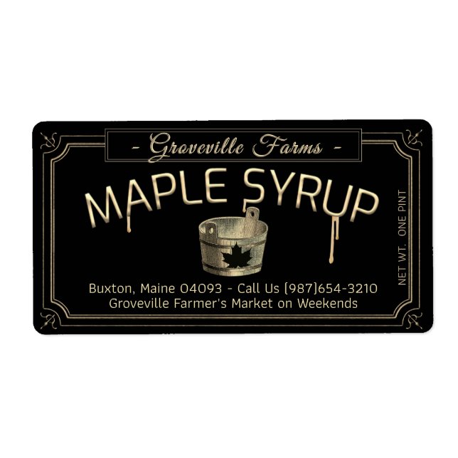 Black Gold Drip Maple Syrup Bucket Fancy Border Label (Front)