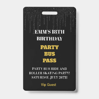 Black Gold Dripping Glitter 18 Birthday VIP Pass  Badge