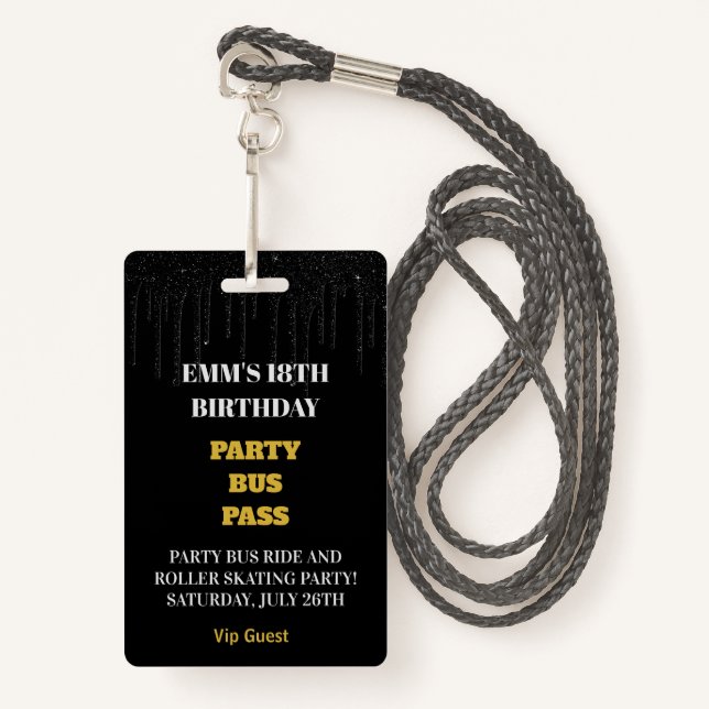 Black Gold Dripping Glitter 18 Birthday VIP Pass  Badge (Front with Lanyard)