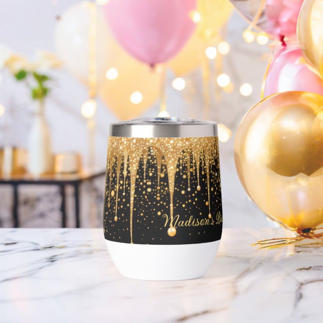 Black Gold Dripping Glitter Bachelorette Party Thermal Wine Tumbler (Bachelor Party (Rotated))