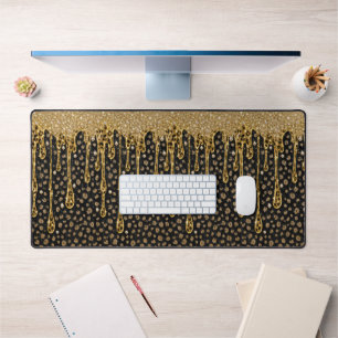 Black Gold Dripping Glitter Leopard Animal Print Desk Mat