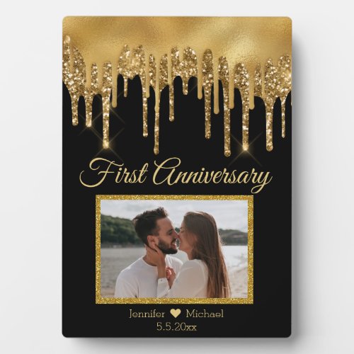  black gold dripping glitters first anniversary  plaque