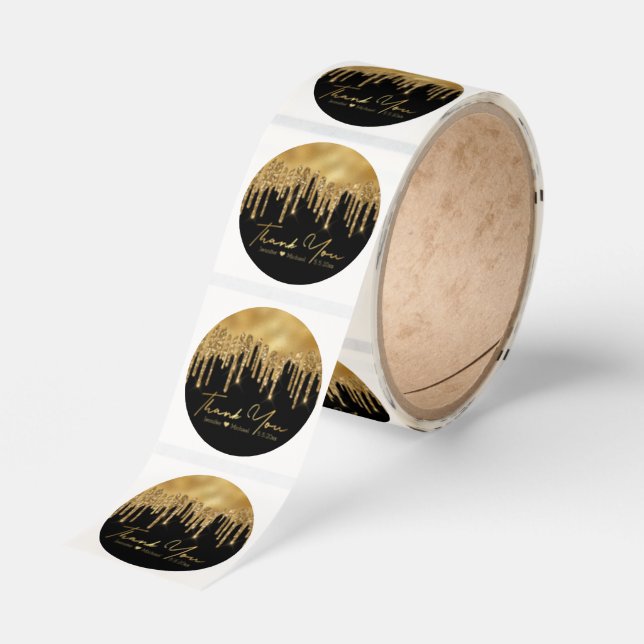  black gold dripping glitters thank you wedding   classic round sticker (Roll)