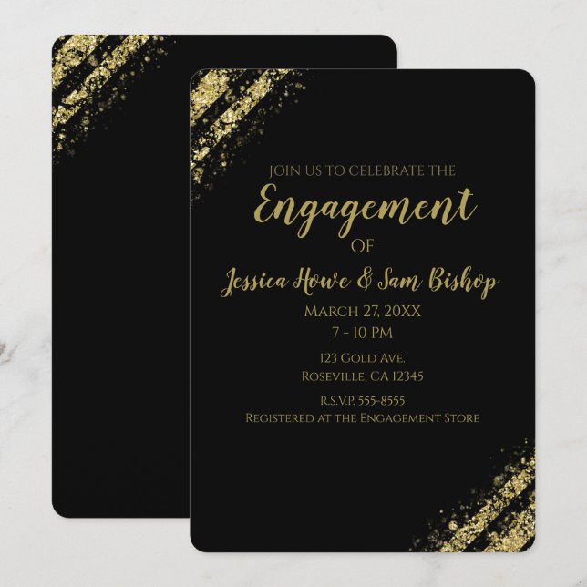Black Gold Dust Corners Glam Modern Engagement Invitation (Front/Back)