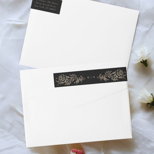 Black Gold Ebony Botanical Monogram Wedding Invite Wrap Around Label