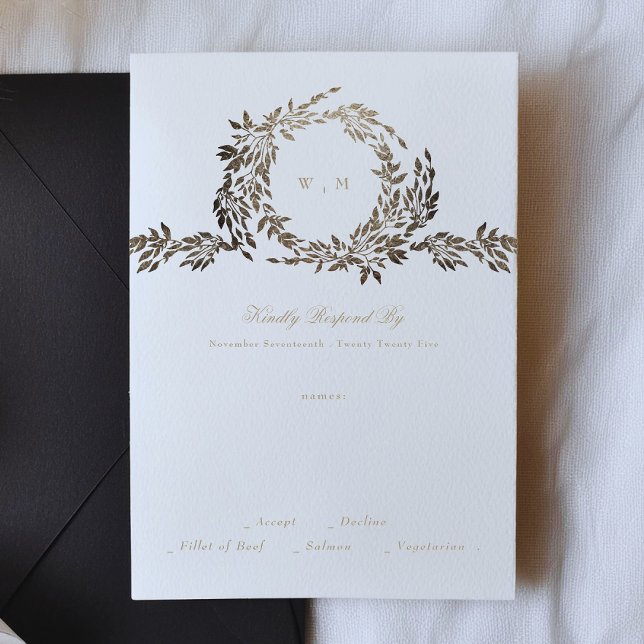 Black Gold Ebony Botanical Monogram Wedding RSVP Card (Creator Uploaded)