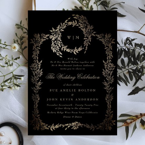 Black Gold Ebony Botanical Monogram Wreath Wedding Invitation