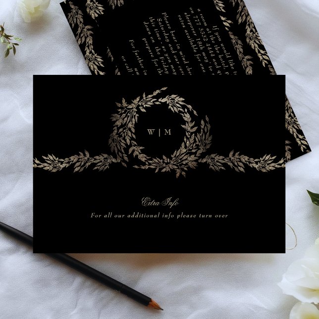 Black Gold Ebony Monogram Wreath Details Wedding Enclosure Card (Creator Uploaded)