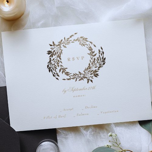 Black Gold Ebony Wreath Monogram Wedding RSVP Card