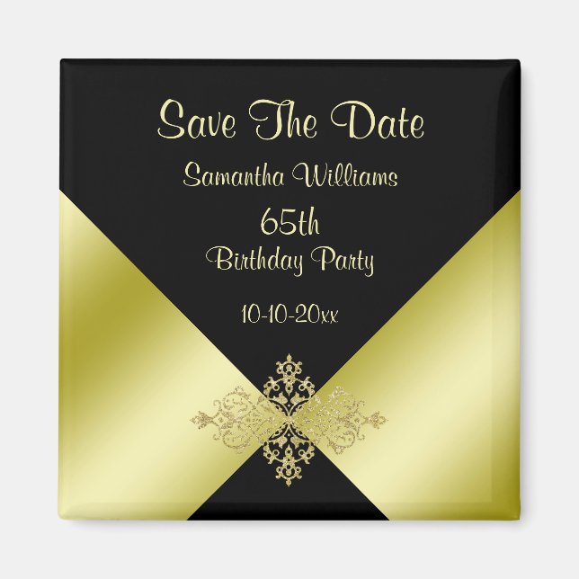 Black & Gold Elegance 65th Birthday Save The Date Magnet (Front)