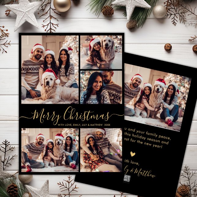 Black Gold Elegant 5 Photo Collage Christmas  Holiday Card (Creator Uploaded)