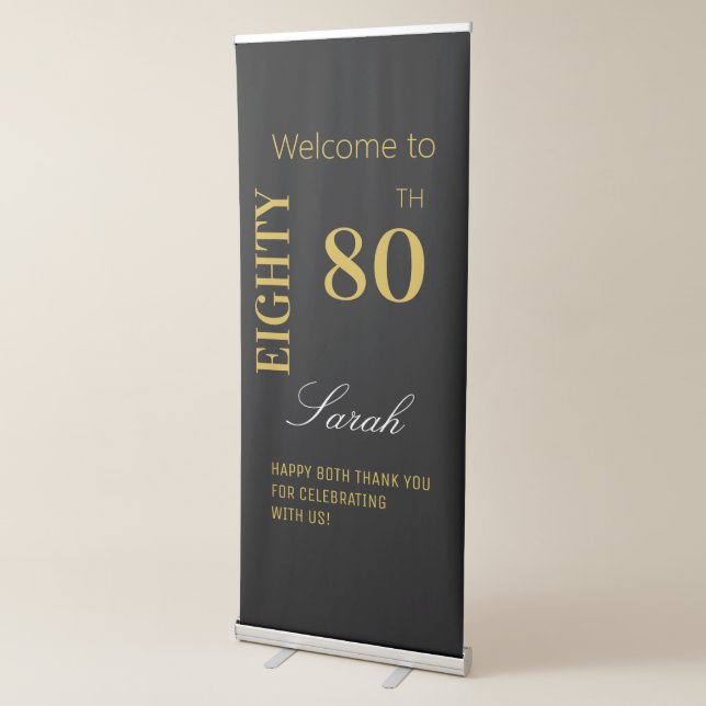 Black & Gold Elegant 80th Eighty Birthday Welcome  Retractable Banner (3/4)