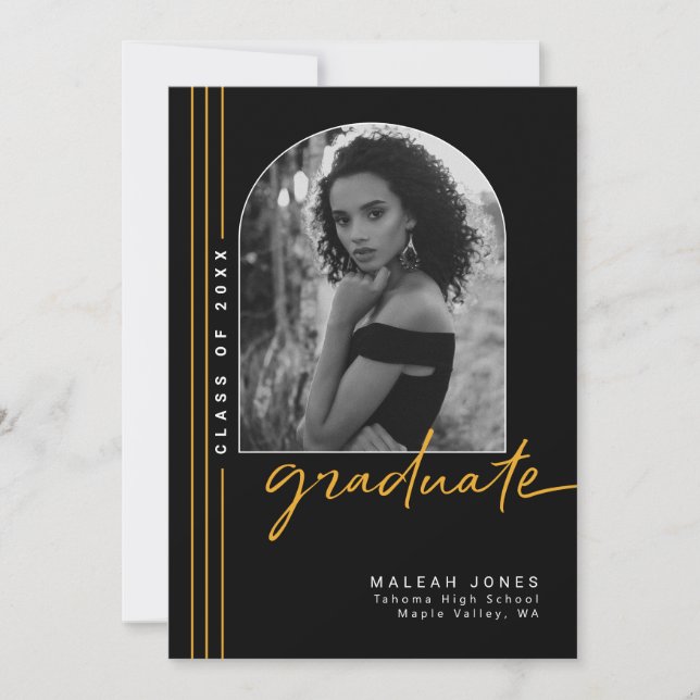 Black Gold Elegant Arch Overlay Photo Graduation Announcement (Front)