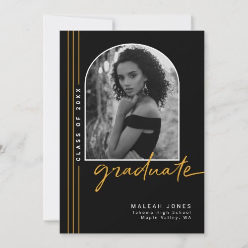 Black Gold Elegant Arch Overlay Photo Graduation Announcement