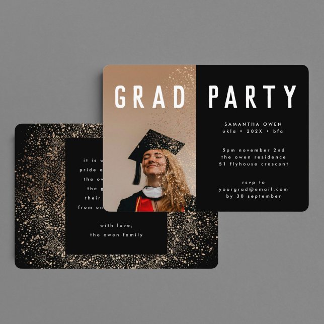 Black Gold Elegant Botanicals Grad Photo Party Invitation (Creator Uploaded)