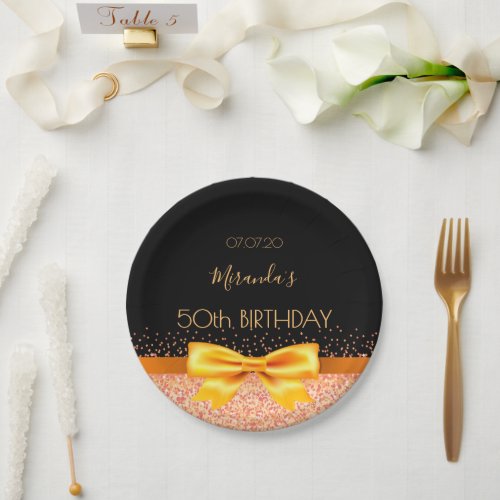 Black gold elegant bow name birthday paper plates