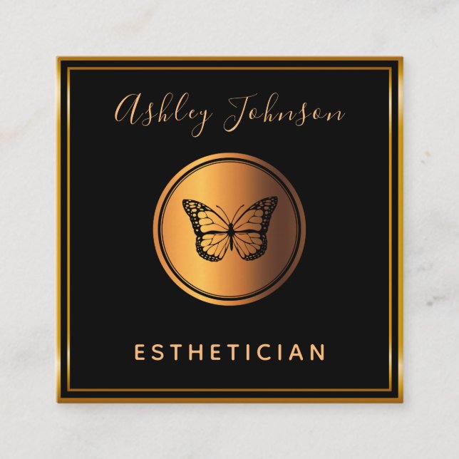 Black & Gold Elegant Butterfly Esthetician Classic Square Business Card (Front)