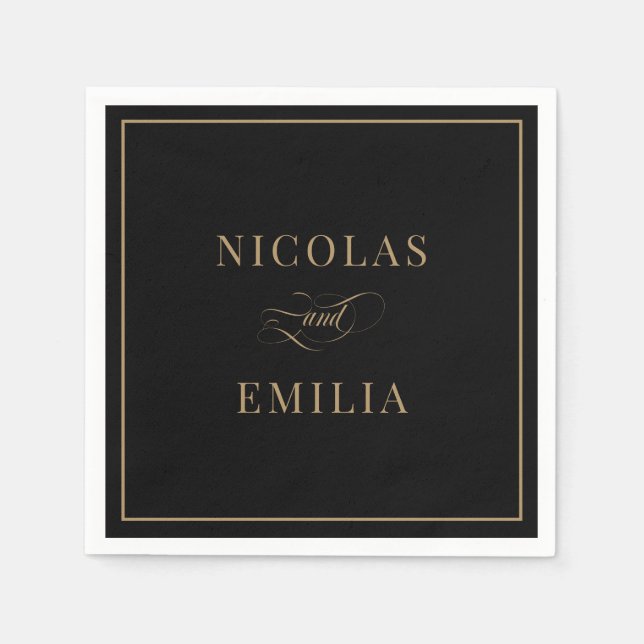 Black Gold Elegant Calligraphy Wedding Napkins (Front)