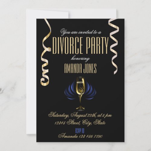 Black gold elegant champagne divorce party invitation