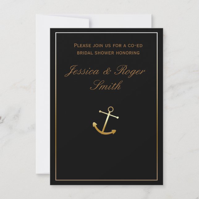 Black Gold Elegant Chic Nautical Anchor Invitation (Front)