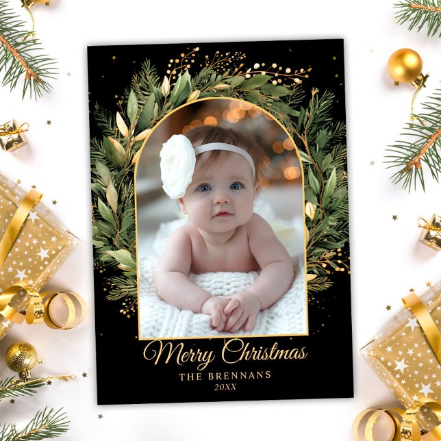 Black Gold Elegant Christmas 1 Photo Botanical Holiday Card (Black Gold Elegant Christmas 1 Photo Botanical Holiday Card)