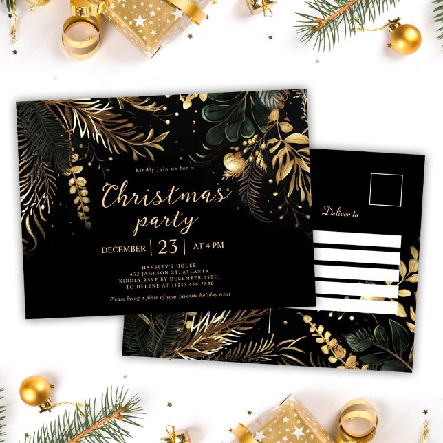 Black Gold Elegant Christmas Party Holiday Invitation Postcard (Black Gold Elegant Christmas Party Holiday Invitation Postcard)