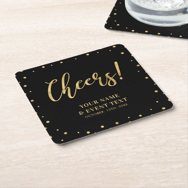 Black & Gold Elegant Classic Adult Birthday Party Square Paper Coaster (Angled)