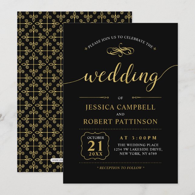 Black & Gold | Elegant Classic Wedding Ceremony Invitation (Front/Back)