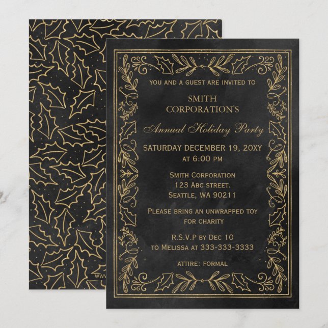 Black Gold Elegant Corporate Holiday Party  Invitation (Front/Back)