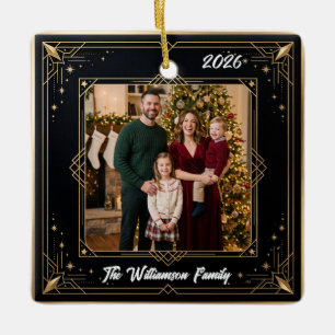 Black Gold Elegant Family Photo Christmas Ceramic Ornament