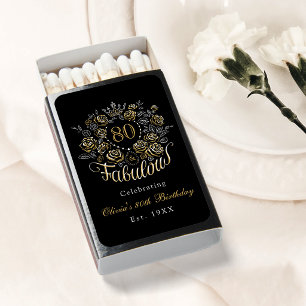 Black Gold Elegant Floral 80 & Fabulous Birthday Matchboxes