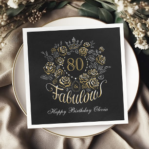 Black Gold Elegant Floral 80 & Fabulous Birthday Napkins