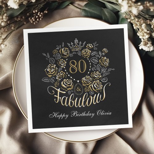 Black Gold Elegant Floral 80 & Fabulous Birthday Napkins