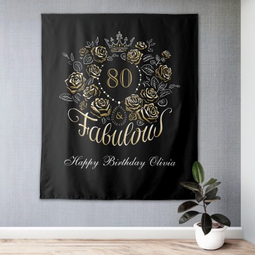 Black Gold Elegant Floral 80 & Fabulous Birthday Tapestry