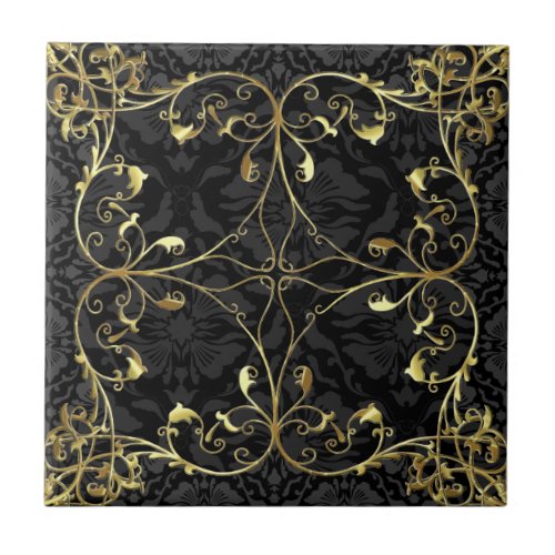 Black  Gold Elegant Floral Damask  Pattern 2 Ceramic Tile