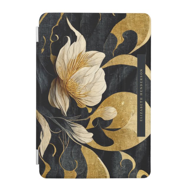 Black & Gold Elegant Floral | Monogram  iPad Mini Cover (Front)