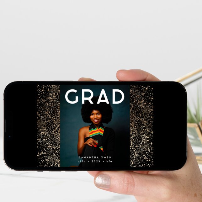 Black Gold Elegant Foil Botanicals Grad Photo Announcement (Front Digital)
