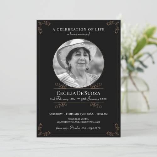 Black Gold Elegant Funeral Classic Custom Photo Invitation