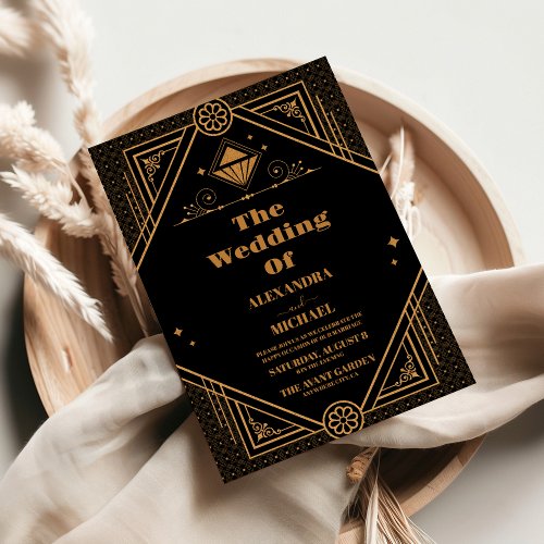 Black Gold Elegant Geometric Art Deco Wedding  Invitation