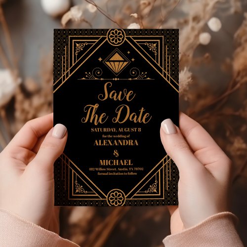 Black Gold Elegant Geometric Art Deco Wedding  Save The Date